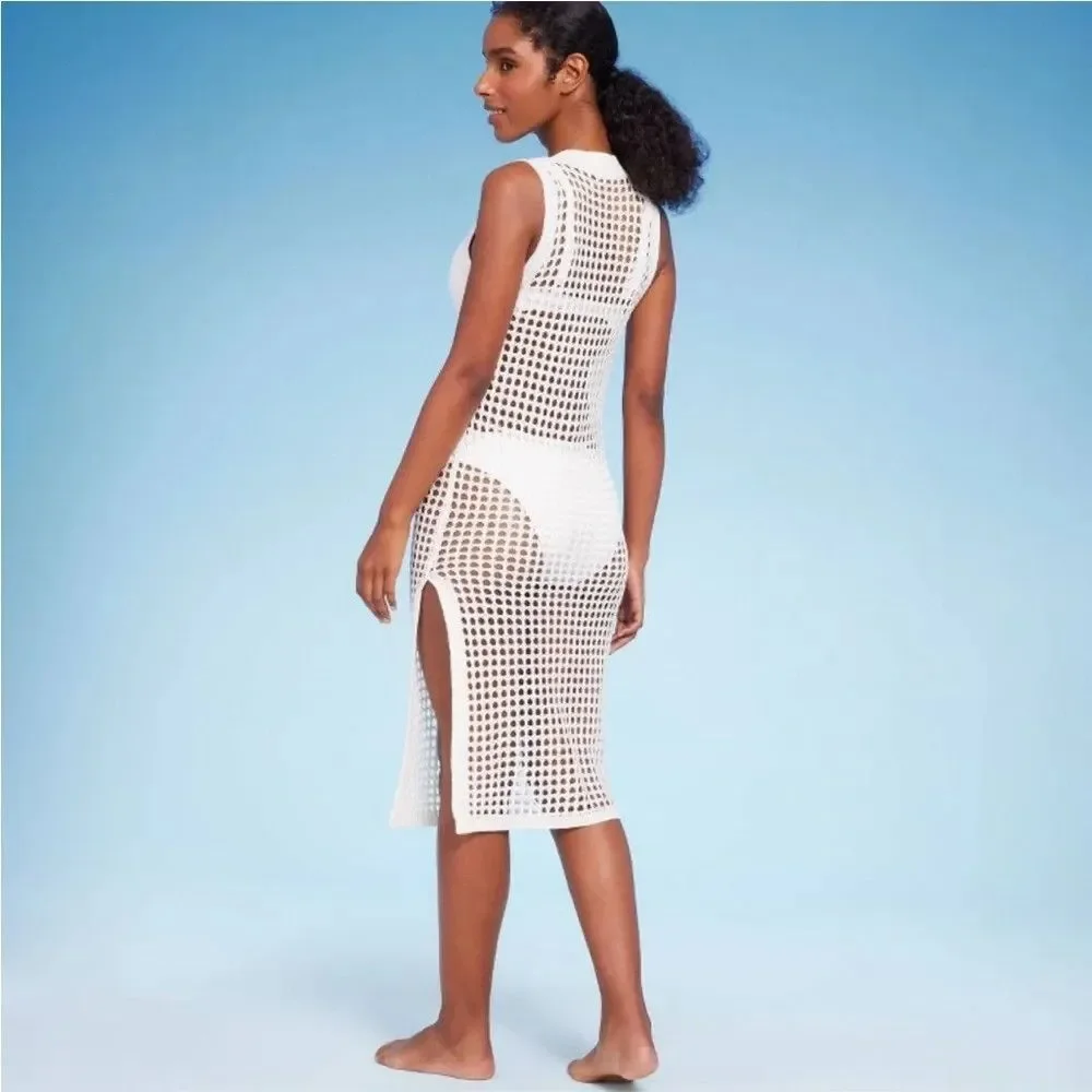 Shade & Shore Women's Crochet Cover Up Midi Dress Off-White XS (0-2)